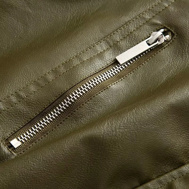 Veste en cuir avec fermeture éclair pour femme, manches longues, col à revers, taille élastique, manteaux courts, Chic, hauts féminins, automne