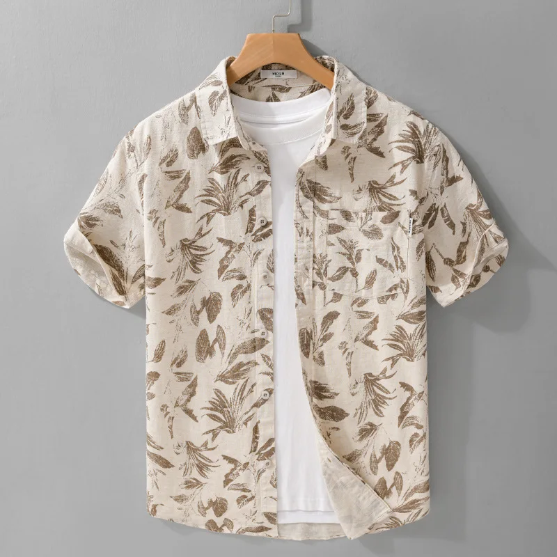 

736 Summer Fashion Men's Vintage Print Short Sleeve Linen Shirt Creative Good Quality Breathable Lapel Blouse Beach Holiday Tops