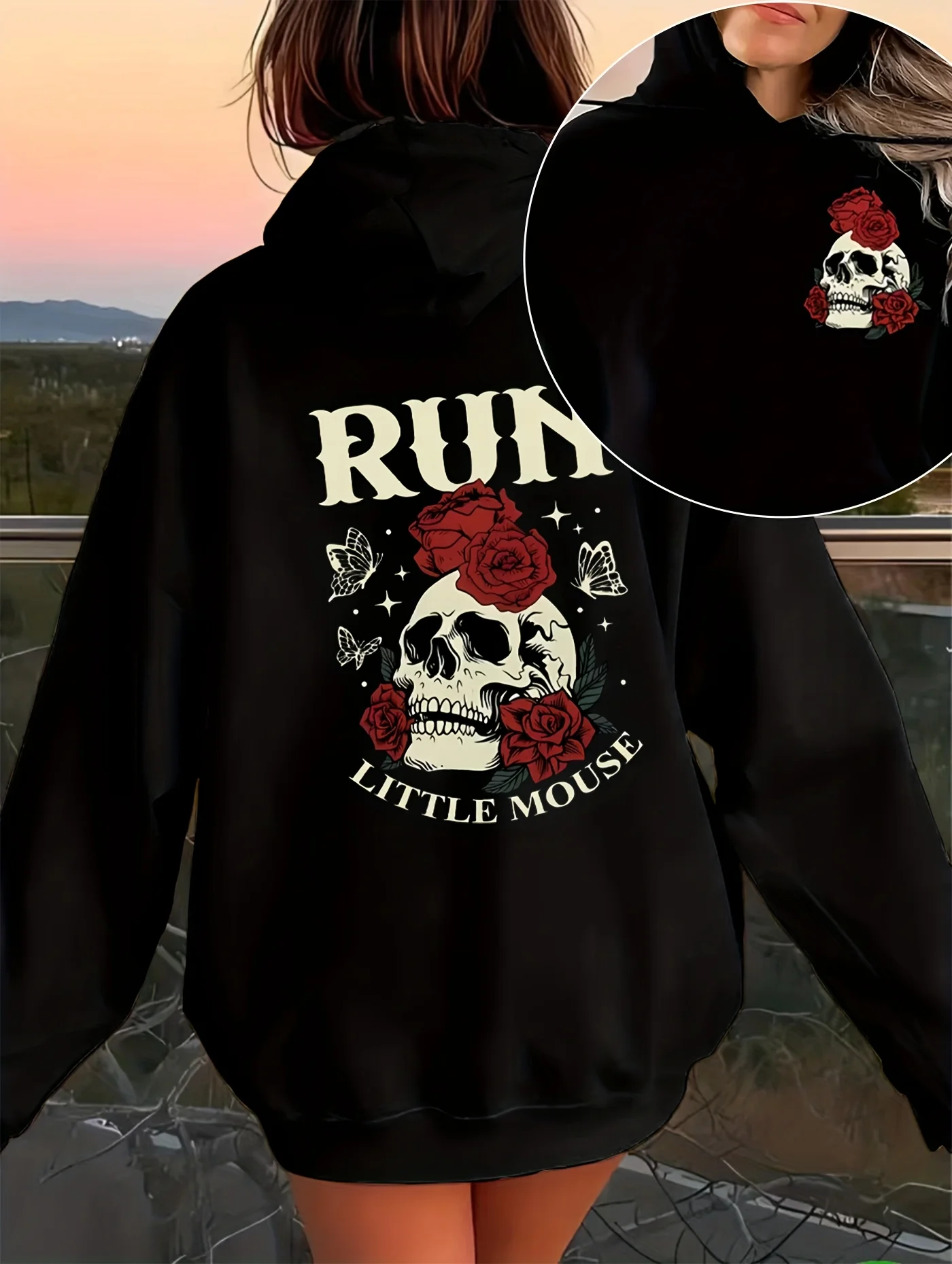 

Skull Roses Graphic Print Autumn and Winter Men's and Women's Hoodies Casual Loose Outdoor Street Sports Training Brand Fashion