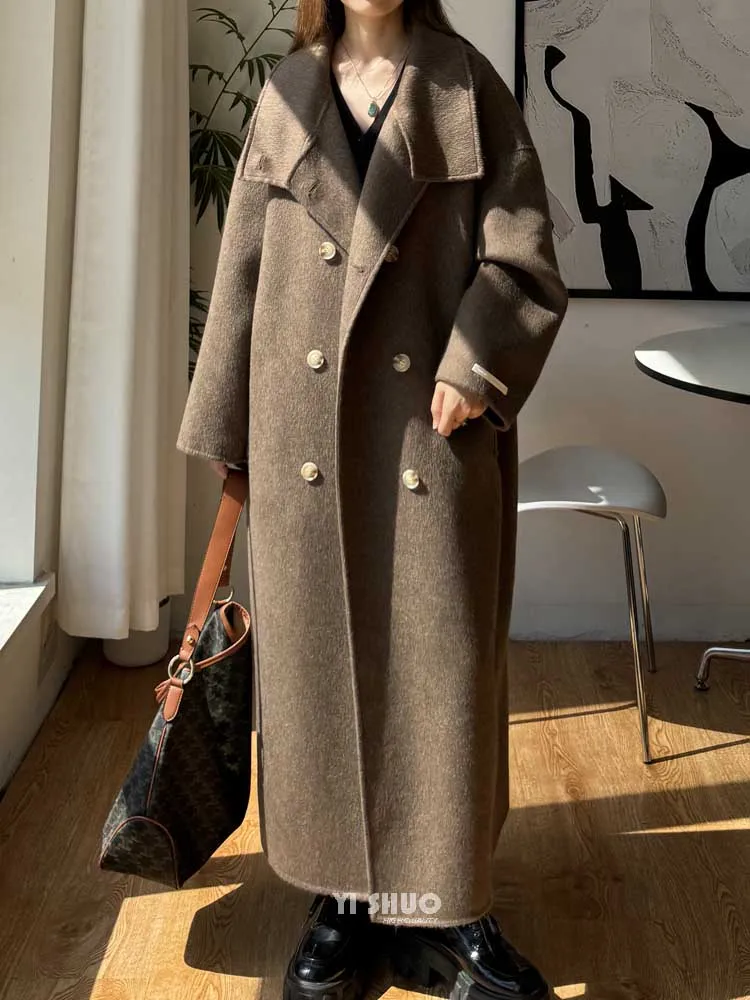 Autumn Winter New Korean High-end Dark Gray Standing Collar Double-sided Wool Coat Casual Long Coffee Woolen Coat for Women