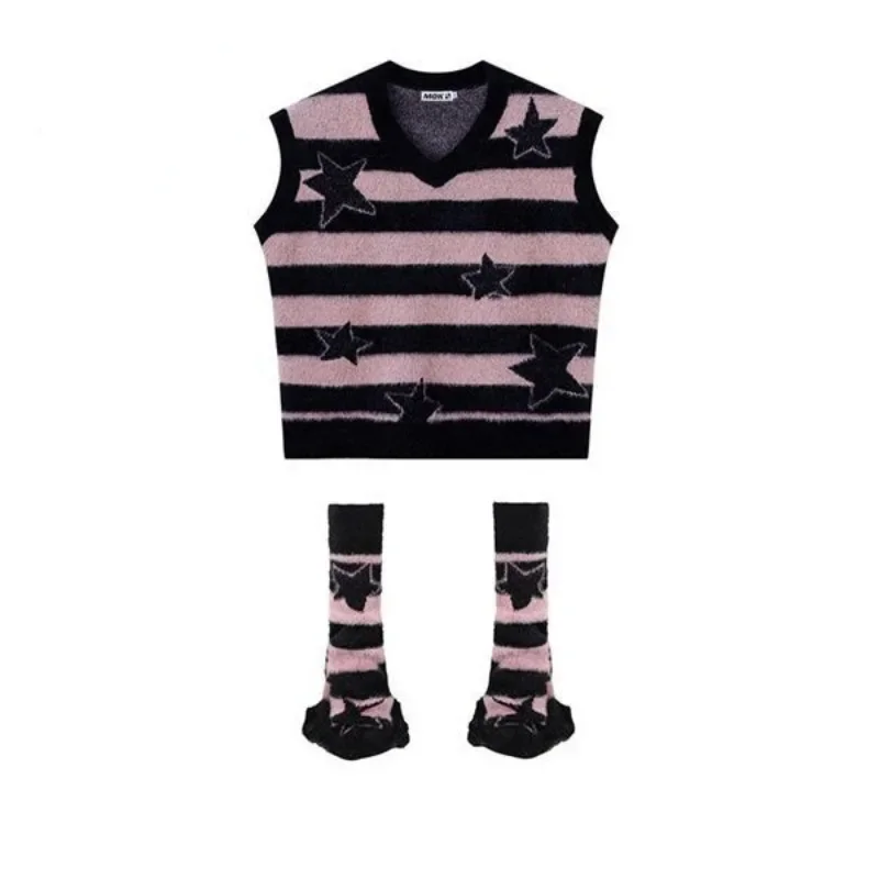 Y2k Pink Striped Stars Knitted Sweater Women Punk Goth Jumper Removable Sleeves Design Sense Loose Harajuku Aesthetic Knitwear