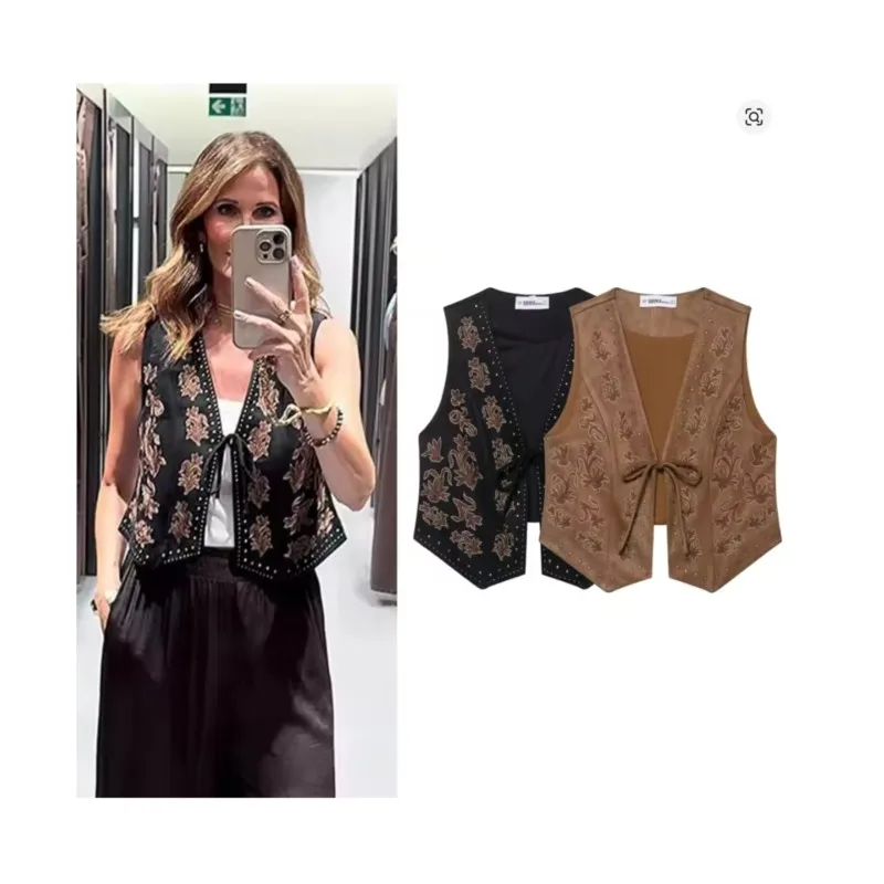 

Женский замшевый жилет с эффектом текстуры и вышивкой бисером, летняя мода, майка без рукавов, сексуальные топы в стиле Highstreet с открытым передом и v-образным вырезом