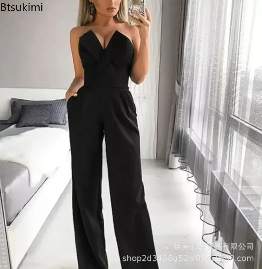 2024 Women\'s Elegant Jumpsuits Solid Off Shoulder Sexy Club Jumpsuit Female Sleeveless High Waist Slim Wide Leg Jumpsuit Pants