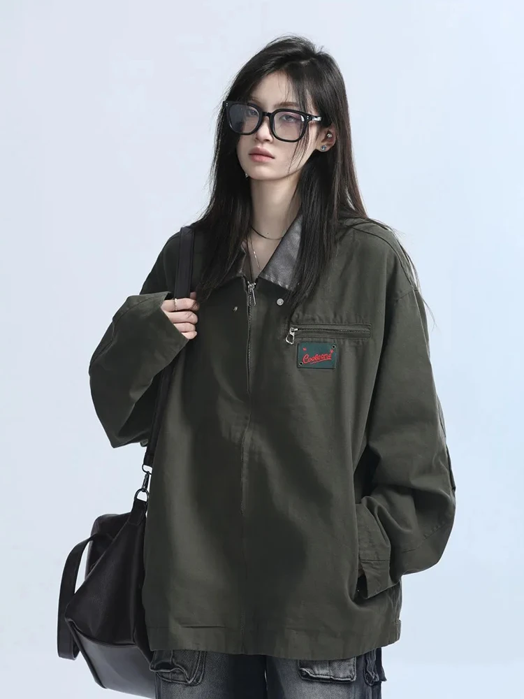 Zoki American Y2K Cargo Jackets Women Streetwear Loose Vintage Harajuku Coats Casual Long Sleeve Patchwork Bf Retro Outwear Tops