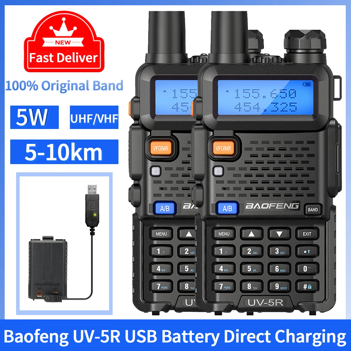 

Обновленная Двухдиапазонная портативная рация Baofeng UV-5R VHF UHF с аккумулятором и USB-кабелем для зарядного устройства, приемопередатчик, Любительское двухстороннее радио, 2 шт.