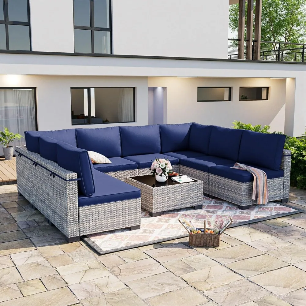 9-Piece Patio Furniture Set, Outdoor Patio Furniture with Thick Cushions, Modular Patio Sofa, Dual-Strand Wicker Rattan