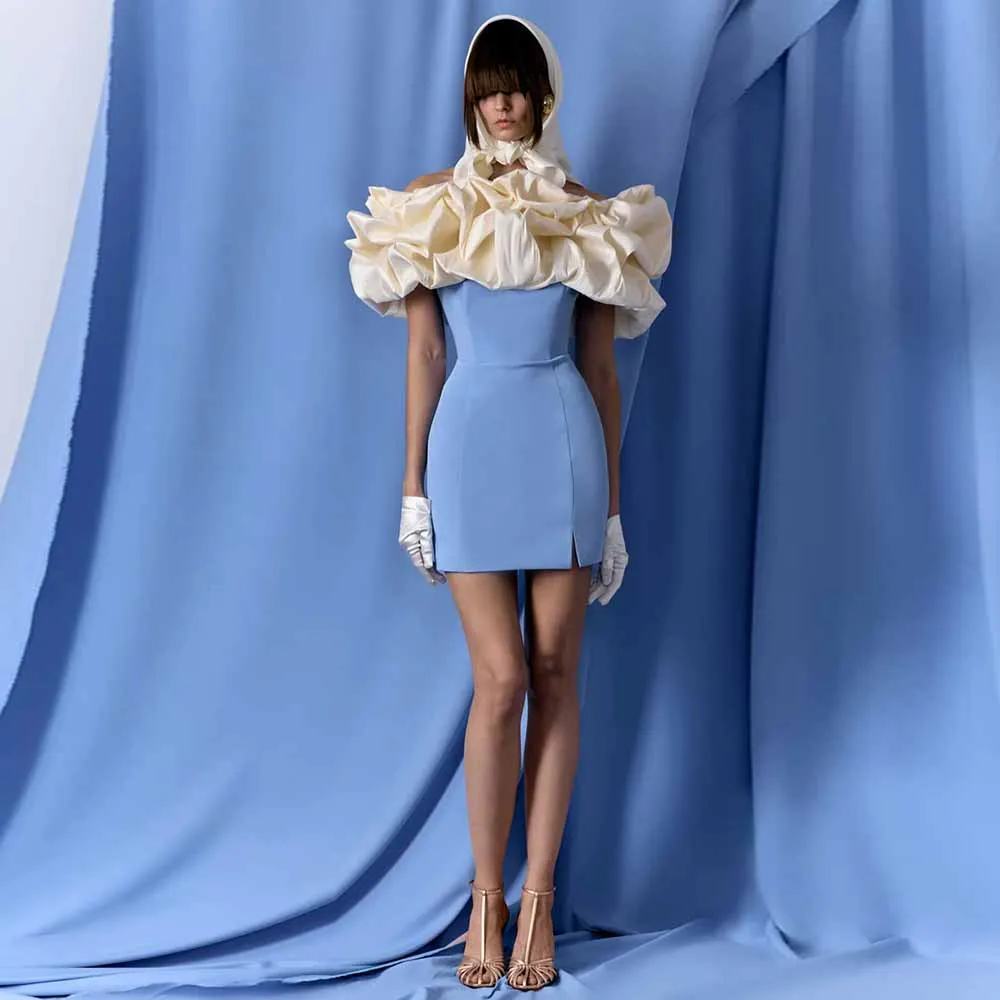 Chic Prom Dresses for Ladies Jersey Sheath/Column Birthday Dress Ivory and Sky Blue Off-the-shoulder Ruched Zipper Cocktail Gown