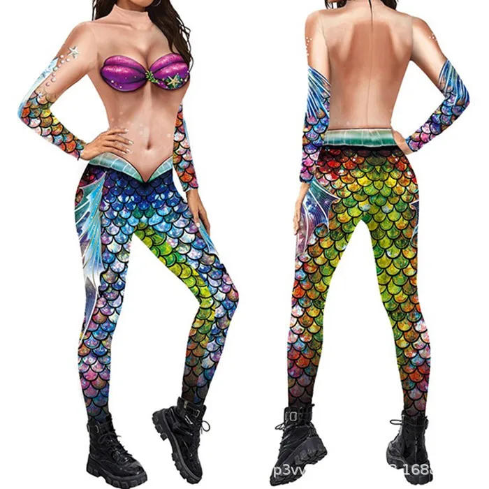 Erwachsenen-Jumpsuit mit Fischschuppen-Druck, Meerjungfrauen-Cosplay-Bodysuit, Kostüm für Halloween-Party, Rollenspiel, Karneval, Digitaldruck-Outfit – Detail 11