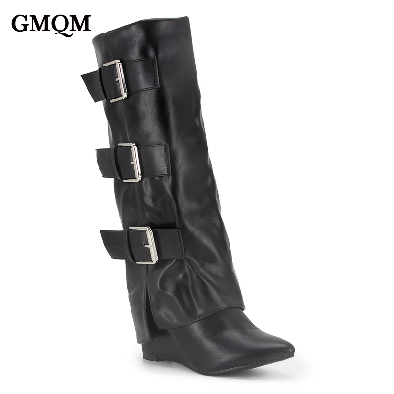 GMQM Women's The Knee Buckle Boots Pointed Toe Fold Wedges Boots Zip High Heels Decor Vintage Streets Style Designer Long Boots