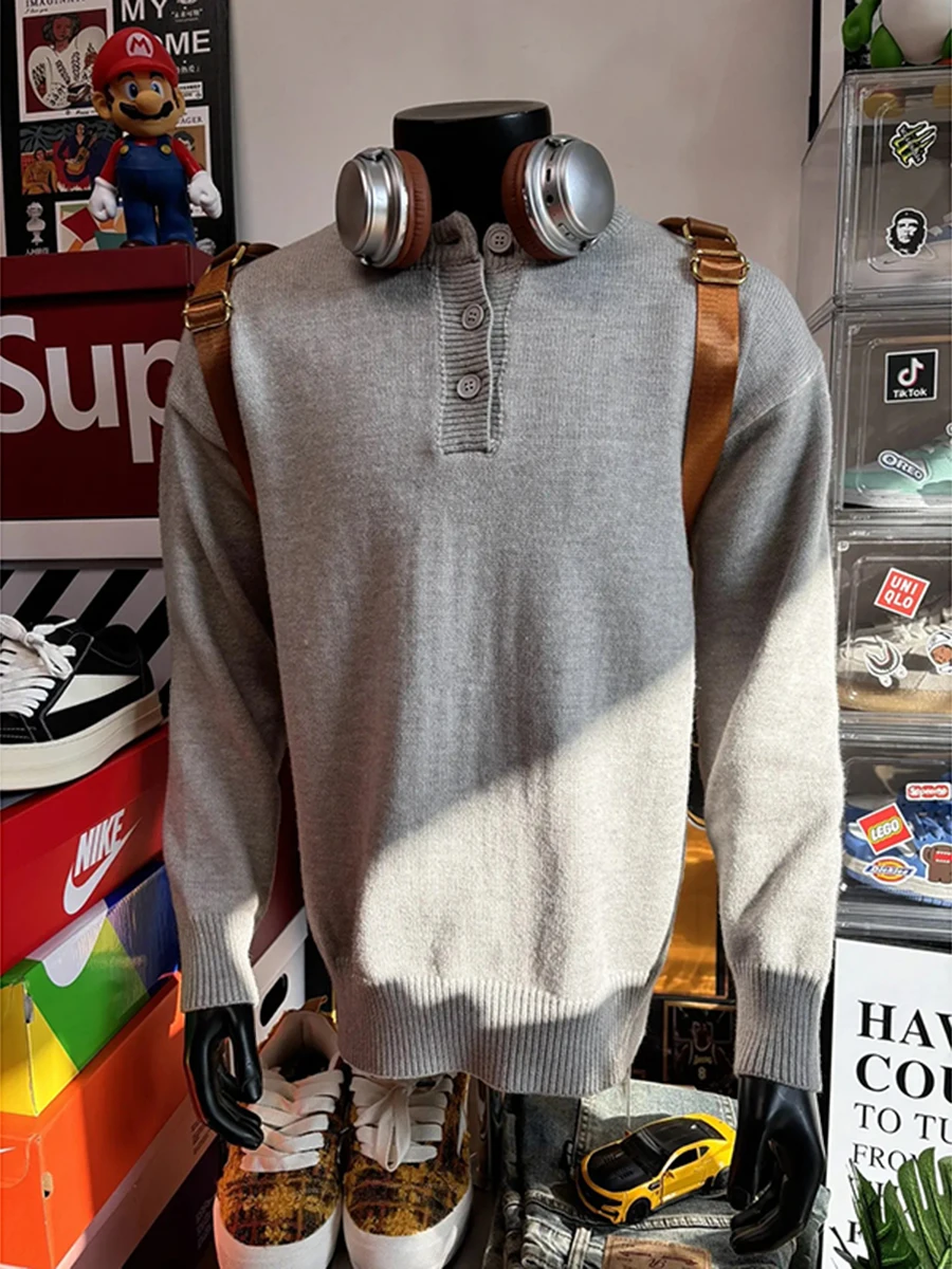 

Light ey Henry Collar Knitwear Men's Sle Autumn Winter Faion Inner irt American Trendy Brand Base Layer irt