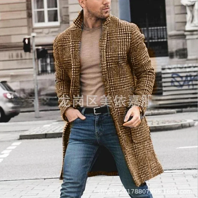 2023 Autumn Winter Luxury Tweed Coat Men Long Sleeve Trench Coat Plaid Vintage Slim Mid-length Windbreaker Brands Outerwear