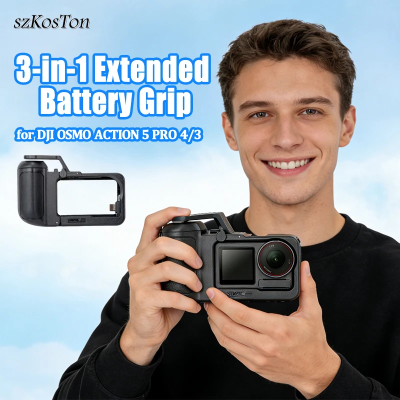 قبضة بطارية ممتدة 3 في 1 لـ DJI OSMO ACTION 5 Pro/4/3 مع برغي 1/4 سريع الإصدار ملحقات كاميرا التصوير في الشوارع