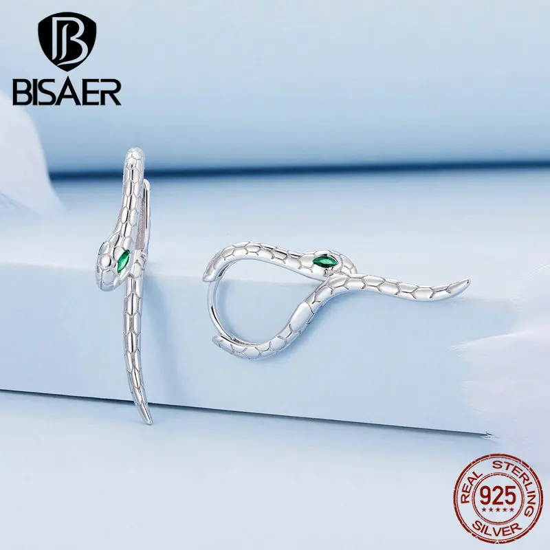 BISAER 925 Sterling Silver Snake Hoop Earrings Green Zircon Animal Ear Clips Plated Platinum For Women Party Fine Jewelry EFE792 image 2