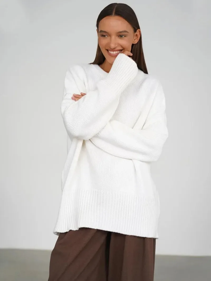 

Модный повседневный пуловер, женский осенне-зимний утепленный оверсайз, удобный и универсальный теплый однотонный базовый вязаный свитер