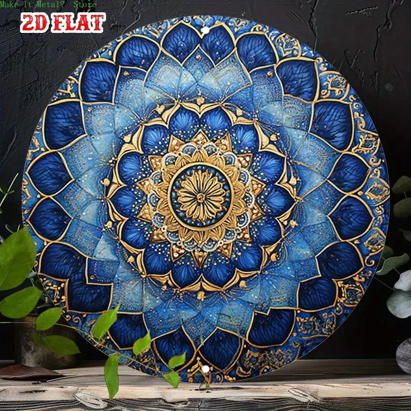 2D Flat Blue & Gold Mandala Round Metal Sign, Boho Lotus Floral Wall Decor for Yoga & Meditation Spaces