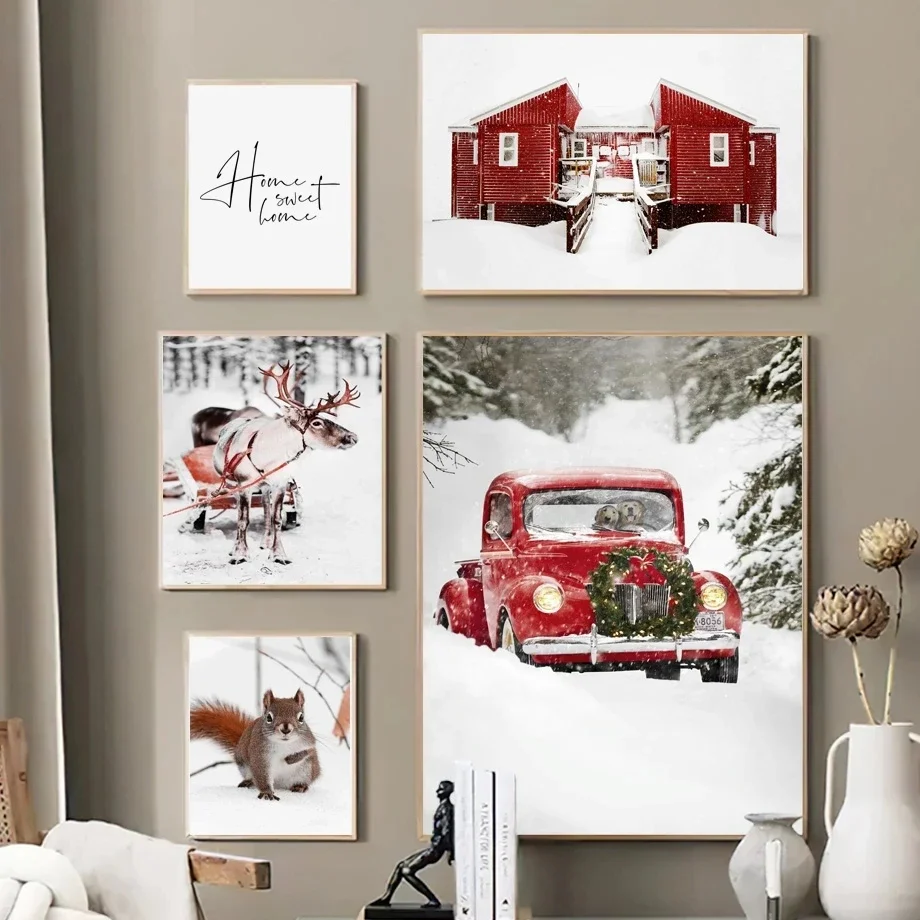 Winter Scenery Picture Canvas Painting Wall Art Modern Snow Elk Red House Poster And Print For Christmas Home Living Room Decor