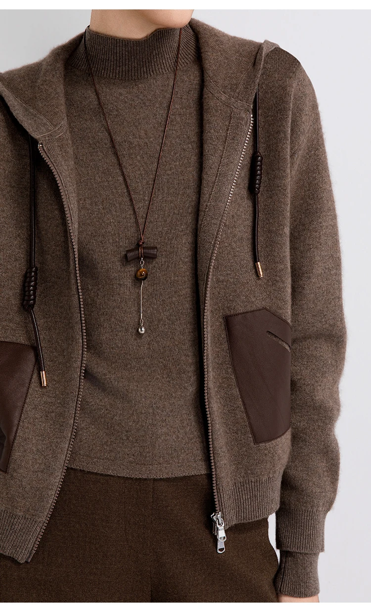 TY862141 Damen Kapuzen-Reißverschluss-Strickjacke aus Wolle-Kaschmir-Mischung, 100% Schafsleder, Tasche, Kordelzug, gerippte Manschette, LP Old Money – Detail 6
