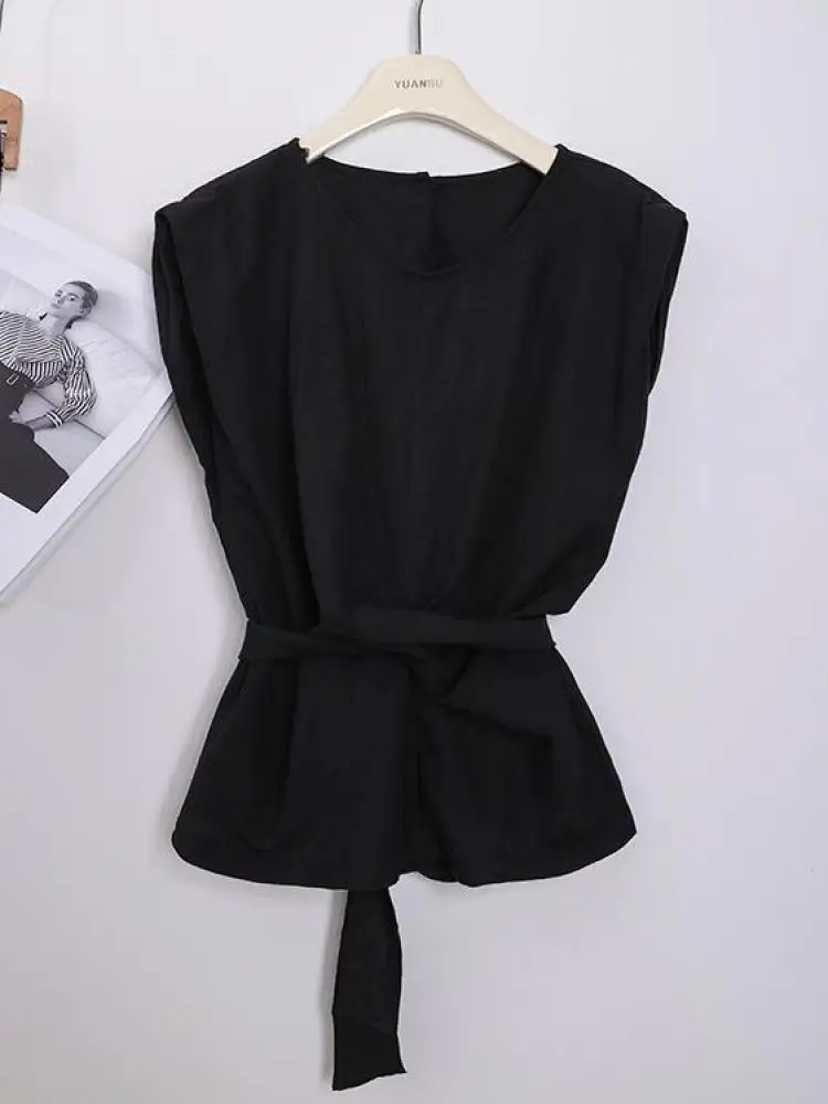 

Korean Style Women Solid Short Sleeve Crew Neck Irregular Bandage T Shirt Summer Slim Versatile Pleated Tops 2025 Fashion Casual