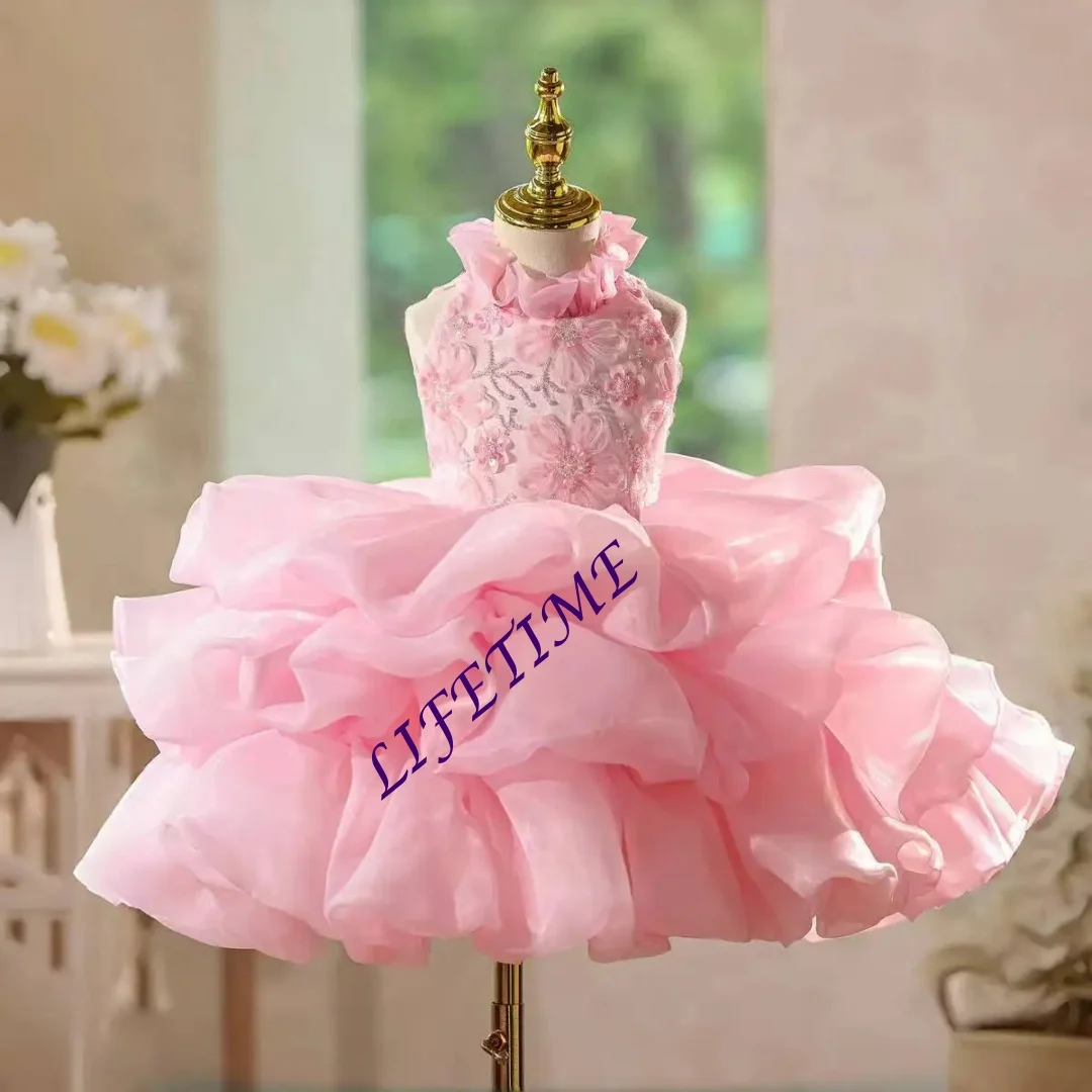 CustomizedPink Flower Girl Dress High Neck Beaded Knee Length Princess Kids Wedding Birthday Party Pageant Formal Gown