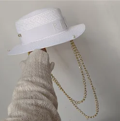 Sombrero de playa Punk con cadena de perlas DIY, corona cóncava, sombrero de sol con letras coreanas, sombrero de playa, sombrero Punk para hombres y mujeres, Color caramelo