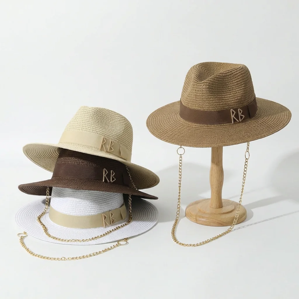 Womens Boho Straw Hat Fedora Wide Brim Beach Cap with RB Monogram Chain Strap Summer Outdoor Hat Festival Travel Sombrero Paper
