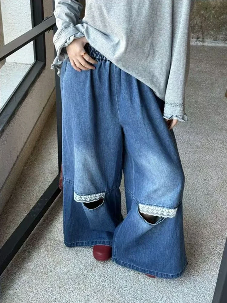

Muxi Design Lace Trim Denim Pants Women's Loose Wide Leg Casual Pants Spring Season Elastic Waist Sweet Style Pure Color