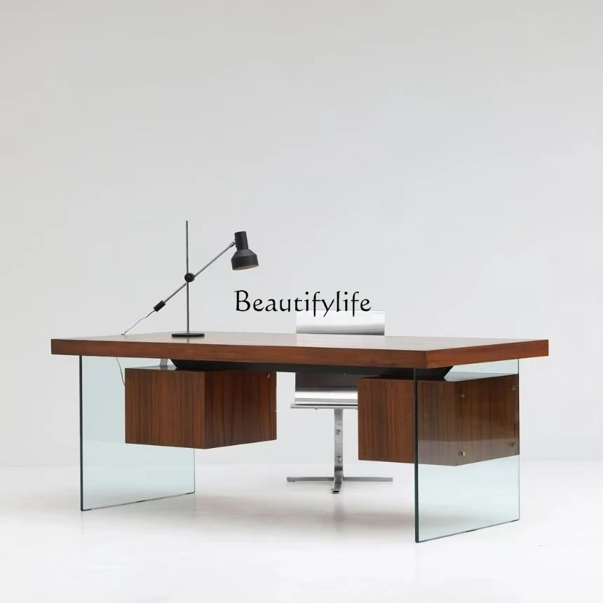 

*Medieval style desk glass retro walnut color desk minimalist