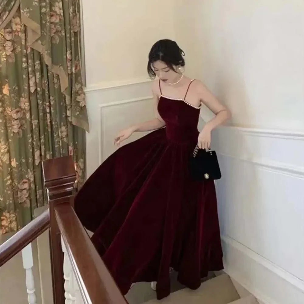 

Burgundy Prom Dress Velvet Spaghetti with Pearls Party Dresses Dark Purple, Burgundy, Green, Beige 2025