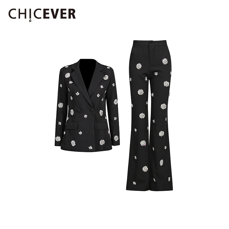 

CHICEVER однотонный комплект из двух предметов с бриллиантами, женская куртка с лацканами и длинными рукавами, элегантные роскошные женские брючные комплекты, осенняя новинка