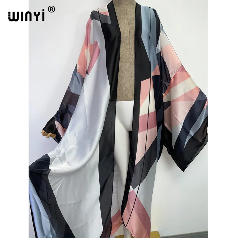 2022 WINYI Summer Beach Wear Swim Suit Cover up boho fashion printing elegant sexy Holiday party long Sleeve Cardigan dress