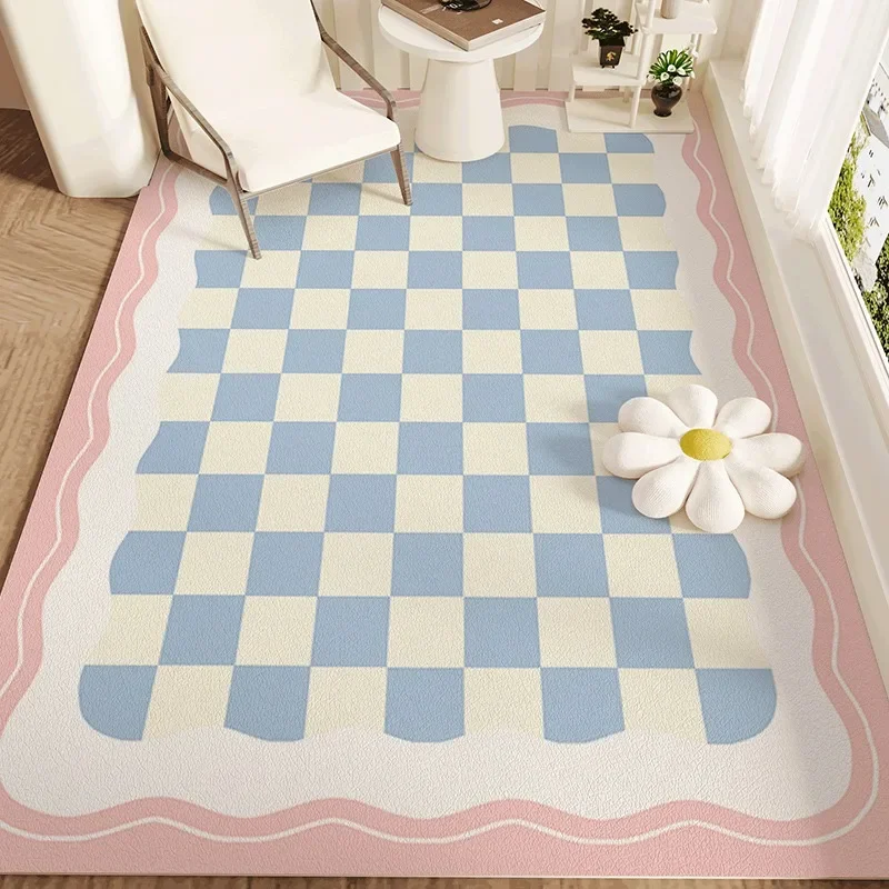 Kitchen Floor Mat Leather Waterproof Carpet Oil-proof Non-slip Foot Mats Pink Cute Plaid Minimalist Home Decoration Balcony Rug