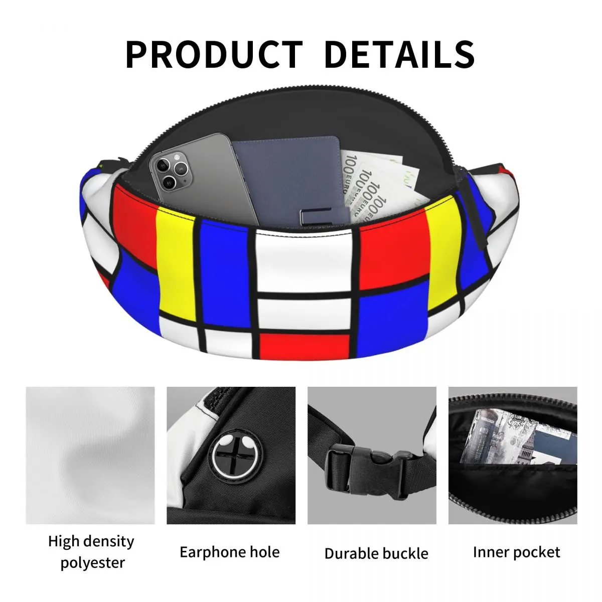 Bolsa de cintura crossbody para viagem, moderno Mondrian Fanny Pack para mulheres, xadrez geométrico colorido, bolsa de dinheiro para telefone, moda personalizada