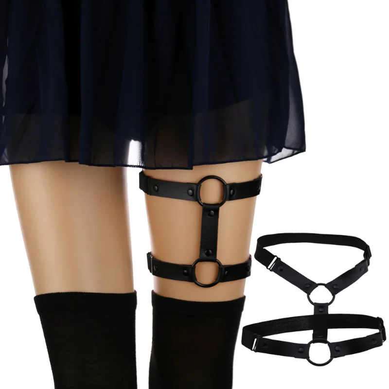 EagleKu Harajuku Punk Gothic Charming Night Club Sex Appeal Hard PU Leather Roundness Thigh Ring Anklet Double Rows Of Garters