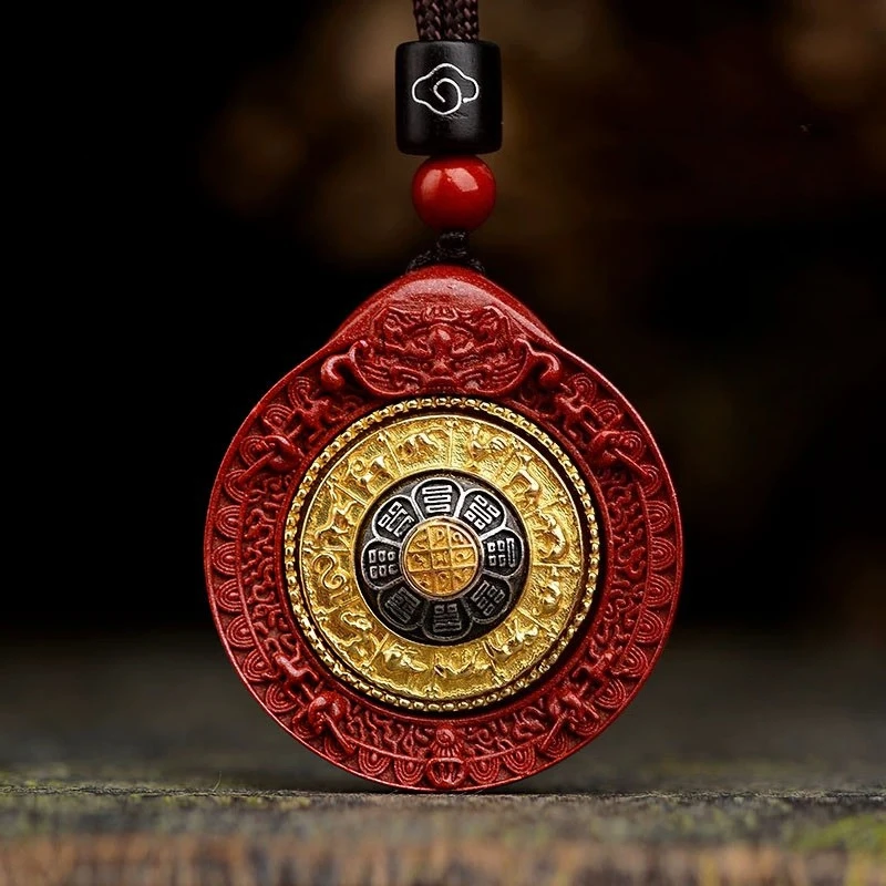 Collier avec pendentif Bagua en cinabre naturel, amulette Feng Shui Yin Yang à neuf palais rotative, cadeau porte-bonheur et protection pour femmes et hommes.