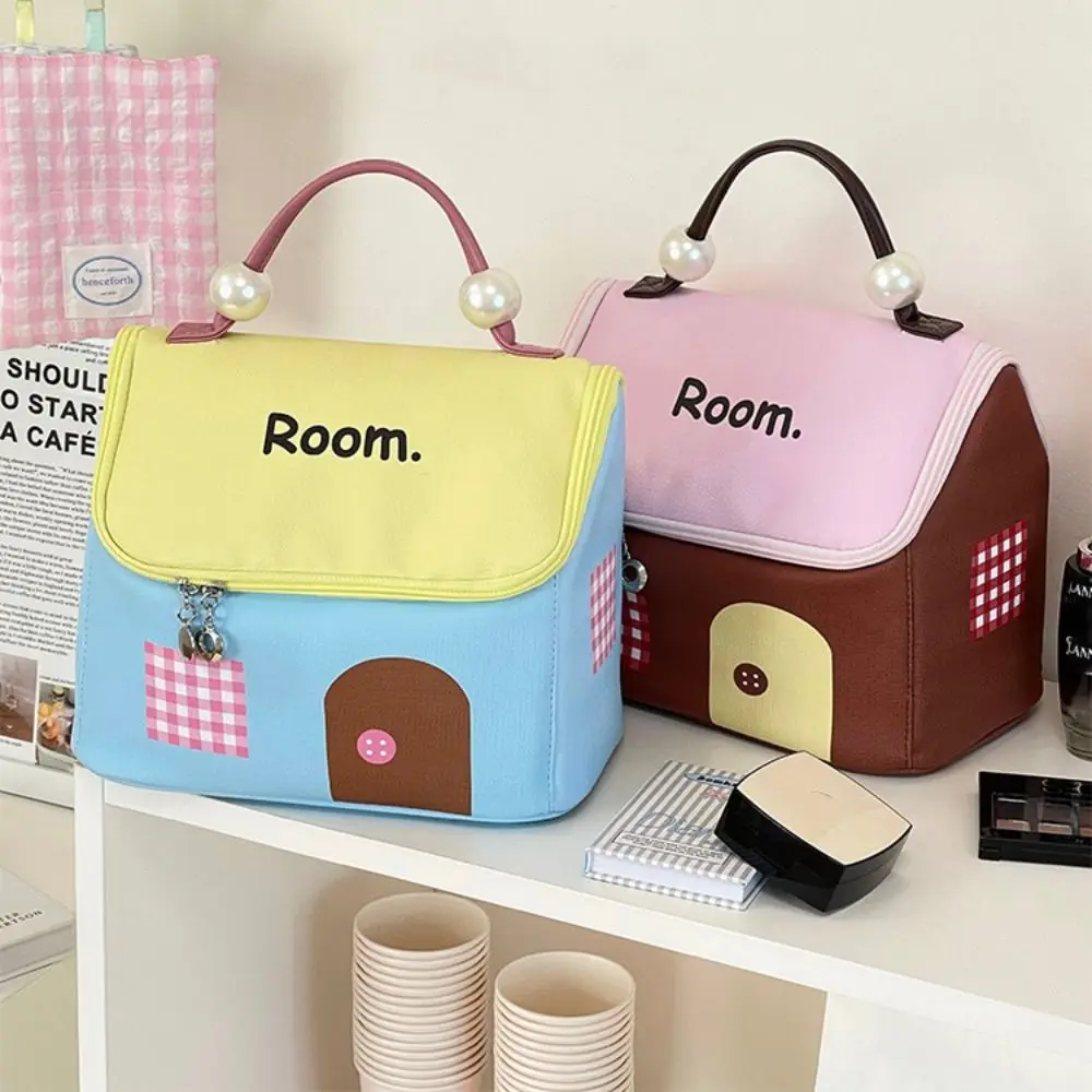 Nylon Handheld Makeup Bag Clutch Bag Cartoon House Shape Cosmetic Bag Large Capacity Multifunctional Skincare Storage Bag Women