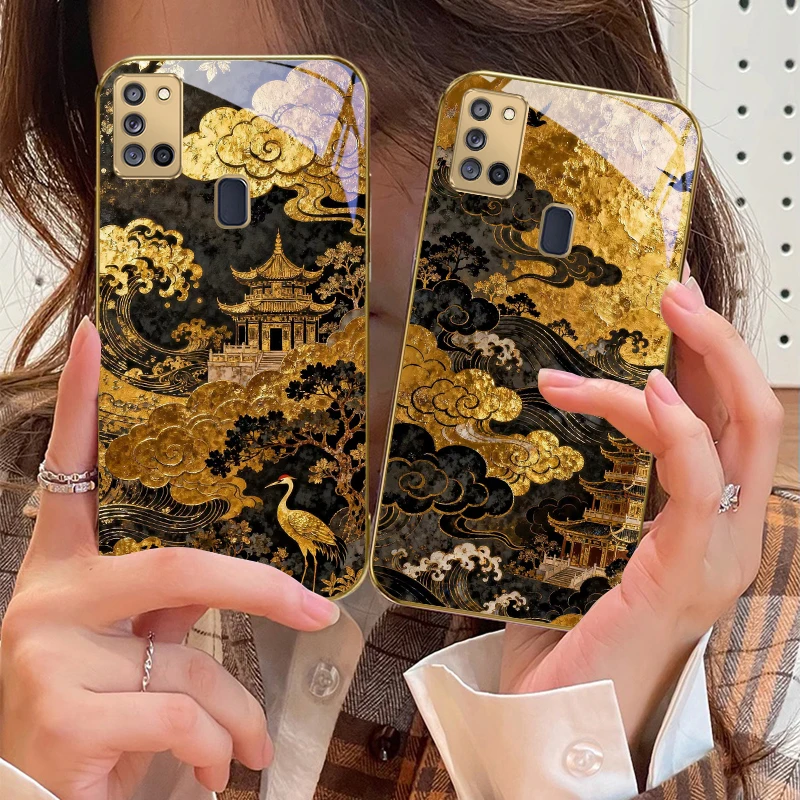 موجات زيادة ذهبية لسامسونج A 31 32 A33 A34 35 14 A15 13 16 25 26 50 52 53 54 55 56 70 71 72 73 حافظة هاتف زجاجية ذهبية