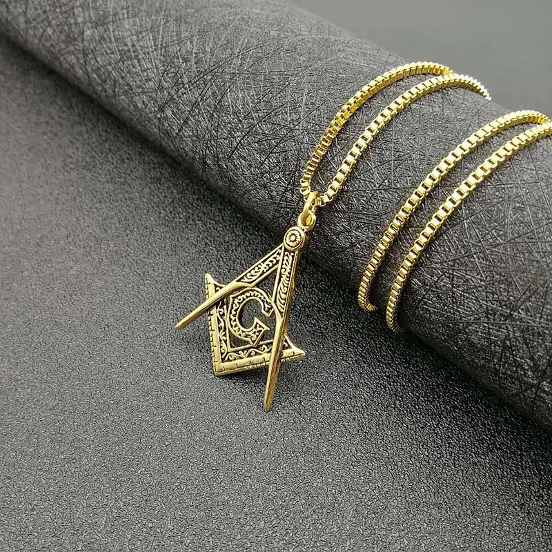 Men\'s Gold color Masonic Symbol Pendant Necklace 316L Stainless Steel Fashion Punk Retro Freemason Pendant