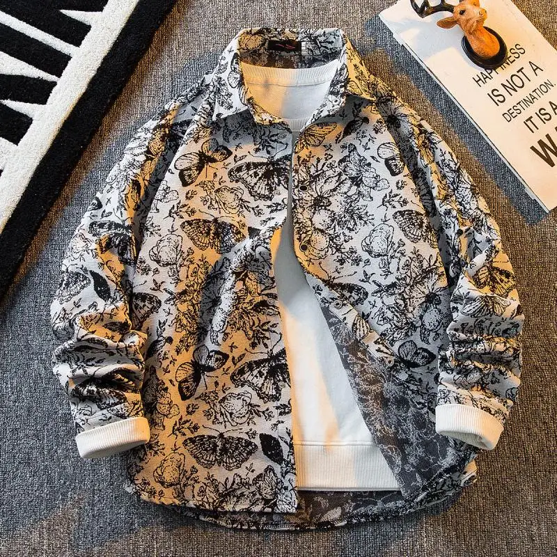 Men\'s retro vintage high-end jacquard butterfly shirt men\'s high-end loose fitting casual long sleeved shirt men streetwear