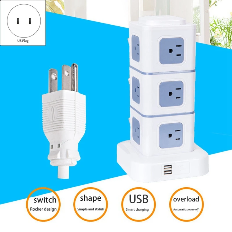 Vertical Power Strip with 2 USB 2500W 10A 6 Feet Extension Cord Surge Protector for Home Office,Type A-US