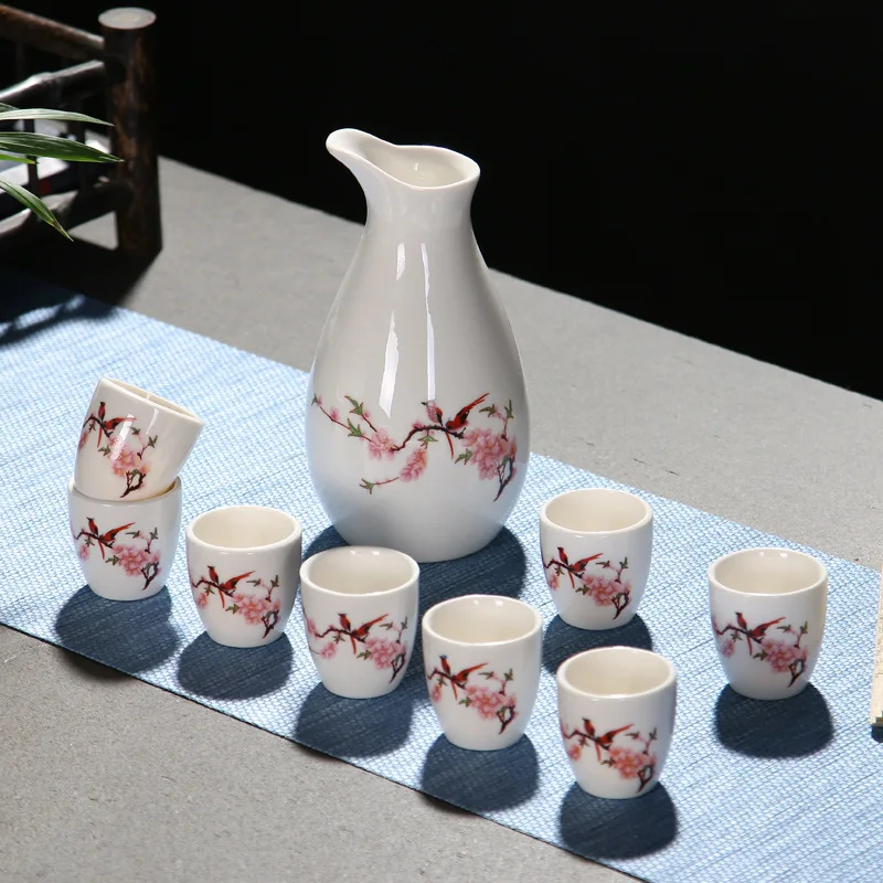 Shuidian Peach Blossom [Gift Box] Creative 8-cup Ceramic Wine Set Chinese Baijiu Cup Wine Bottle Vintage Wine