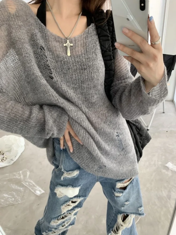 QWEEK Gray Hollow Out Solid Knit Knitted Sweater Women 2024 Fashion Streetwear Casual Loose Oversized Long Sleeve Pullovers Tops