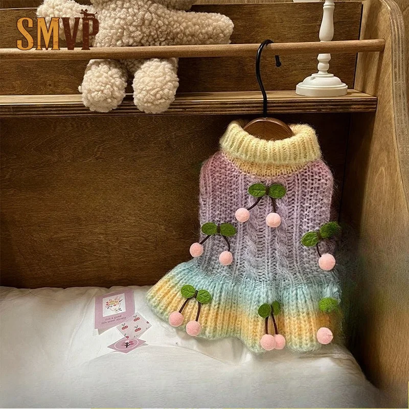 Luxurious Cozy Winter Pet Knitwear Dress Gradient Color Turtleneck with 3D Cherry Accent Soft Warm Clothing for Small Dogs Cats