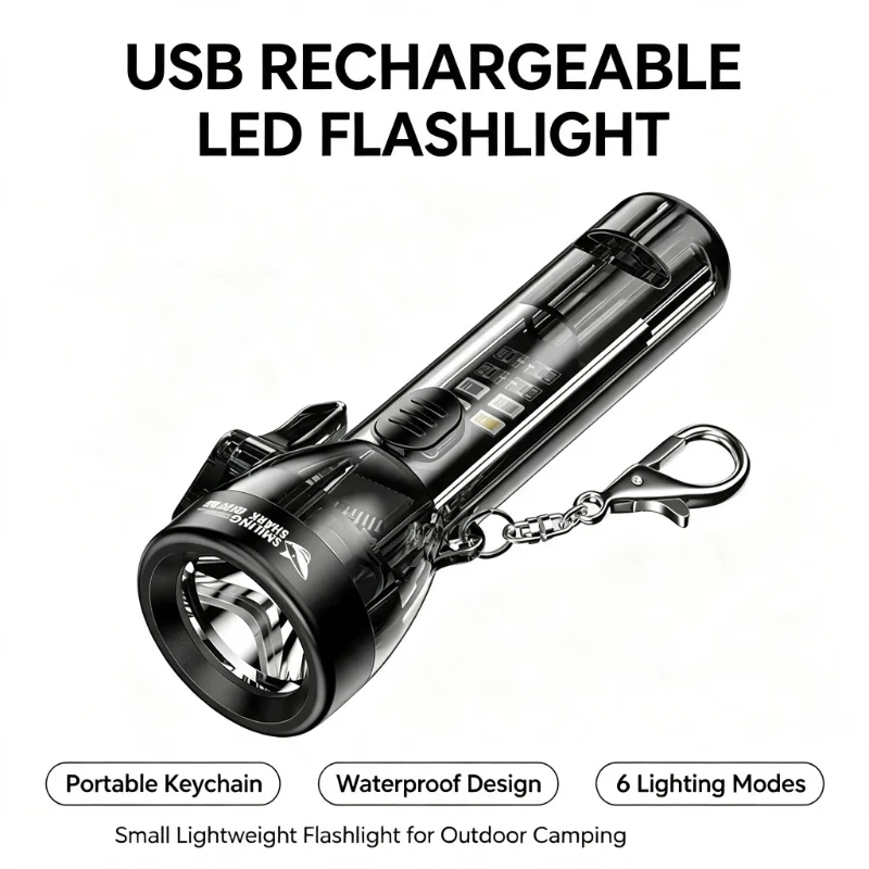 SMILING SHARK Mini LED Flashlight USB Rechargeable Portable Keychain Light Waterproof Outdoor Lighting Small Lightweight