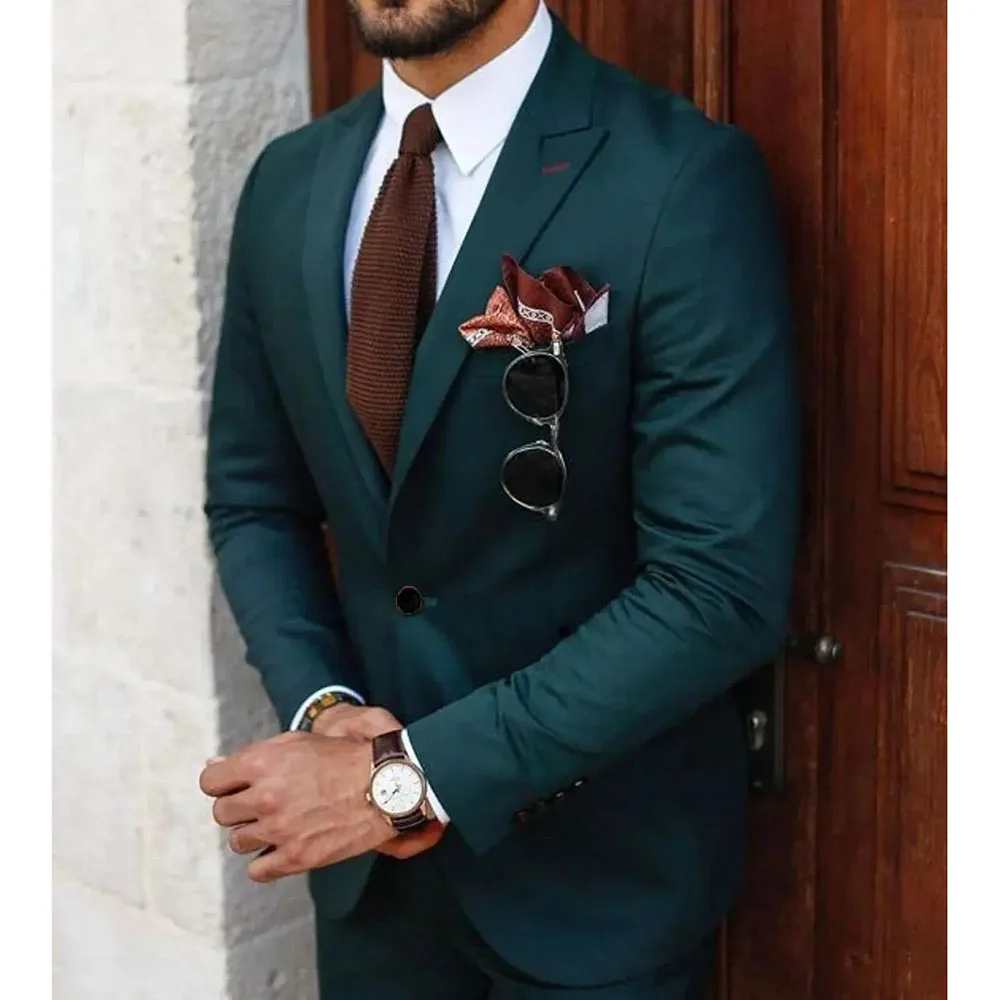 Elegant Green Suits for Men Single Breasted 2 Piece Jacket Pants Costume Homme Formal Business Gentleman Wedding Groom\'s Set