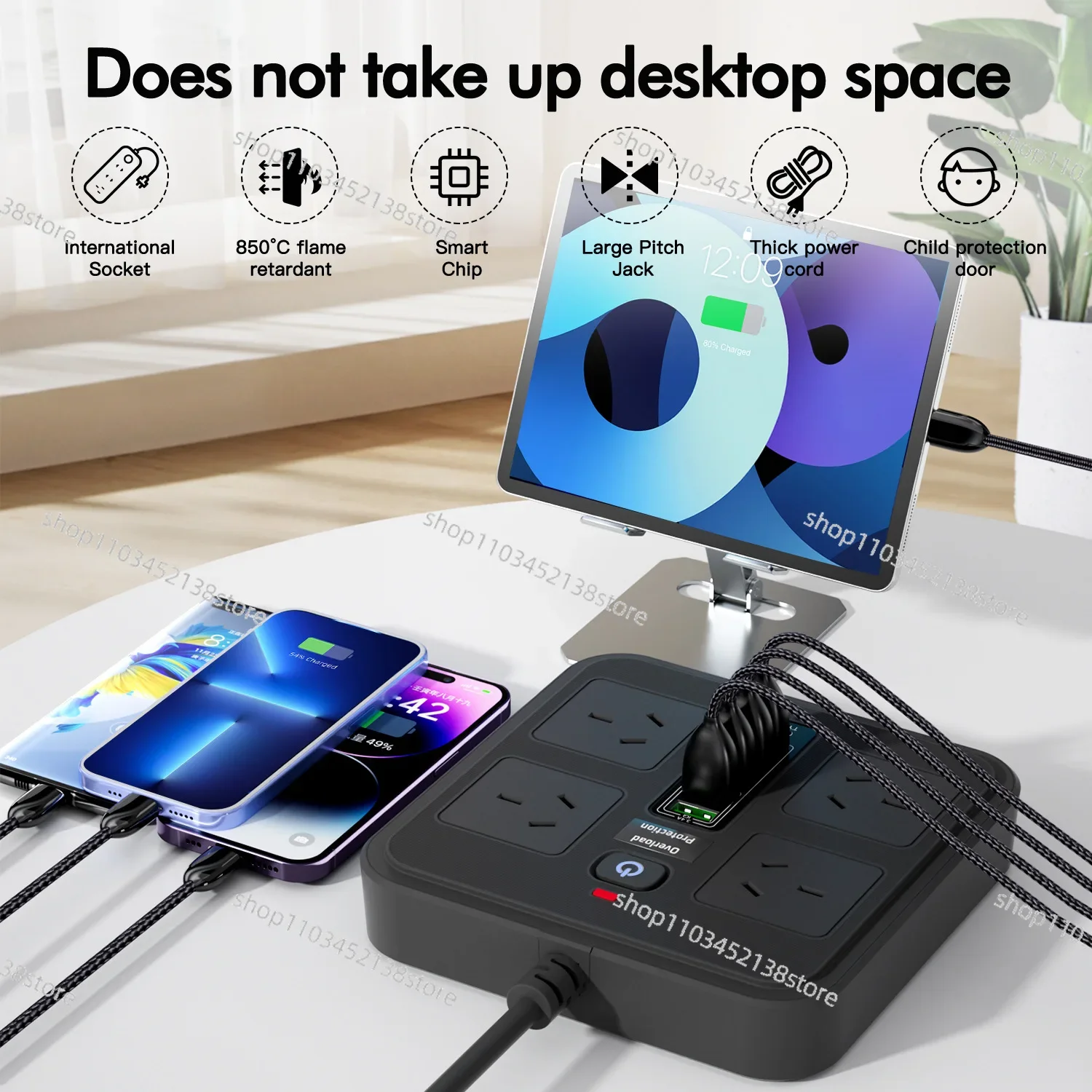 Australian Socket 4 Holes Large Spacing Multi-USB Port Portable Charging Extension Cable Socket Overload Protection Switch