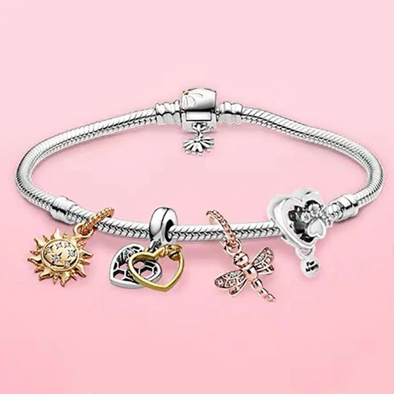 100%925 sterling silver Spring Golden heart bee sun smile flying hollow out high quality fashion pan   bracelet