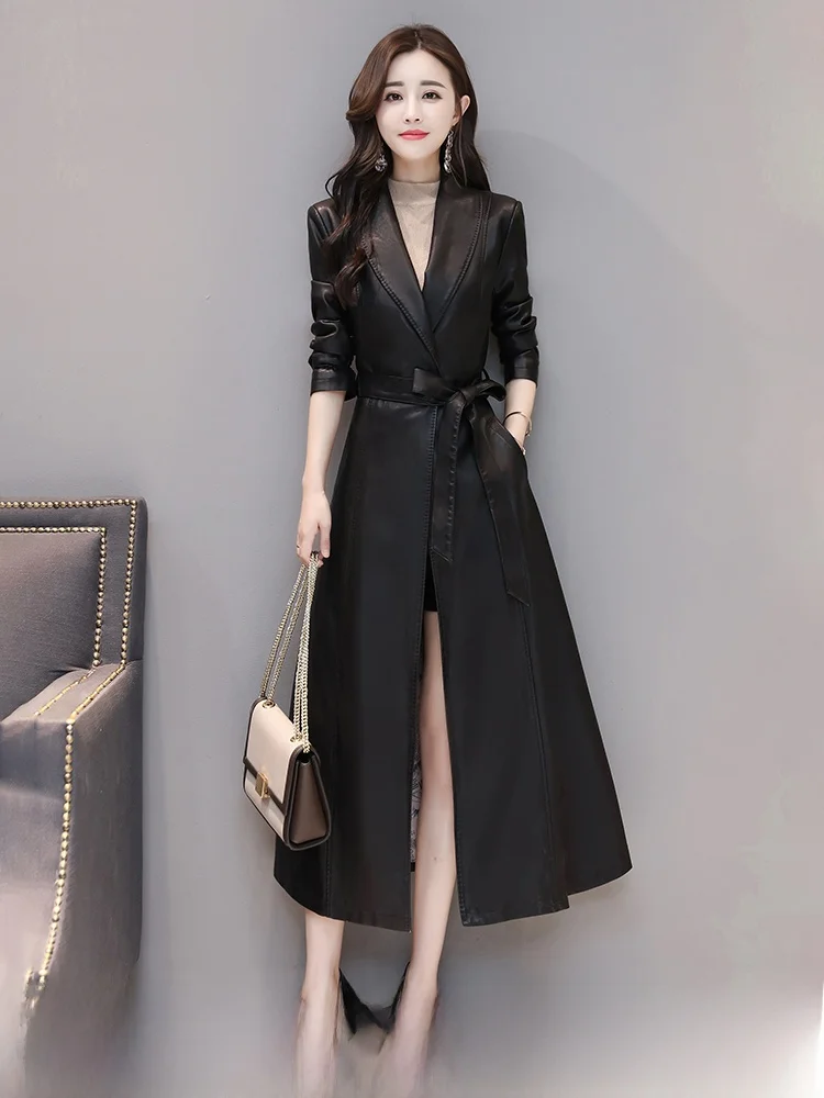 

Kavlandi Women's Long Slim Fit eepskin Leather Coat Medium Length over Knee Windbreaker Faionable Outerwear