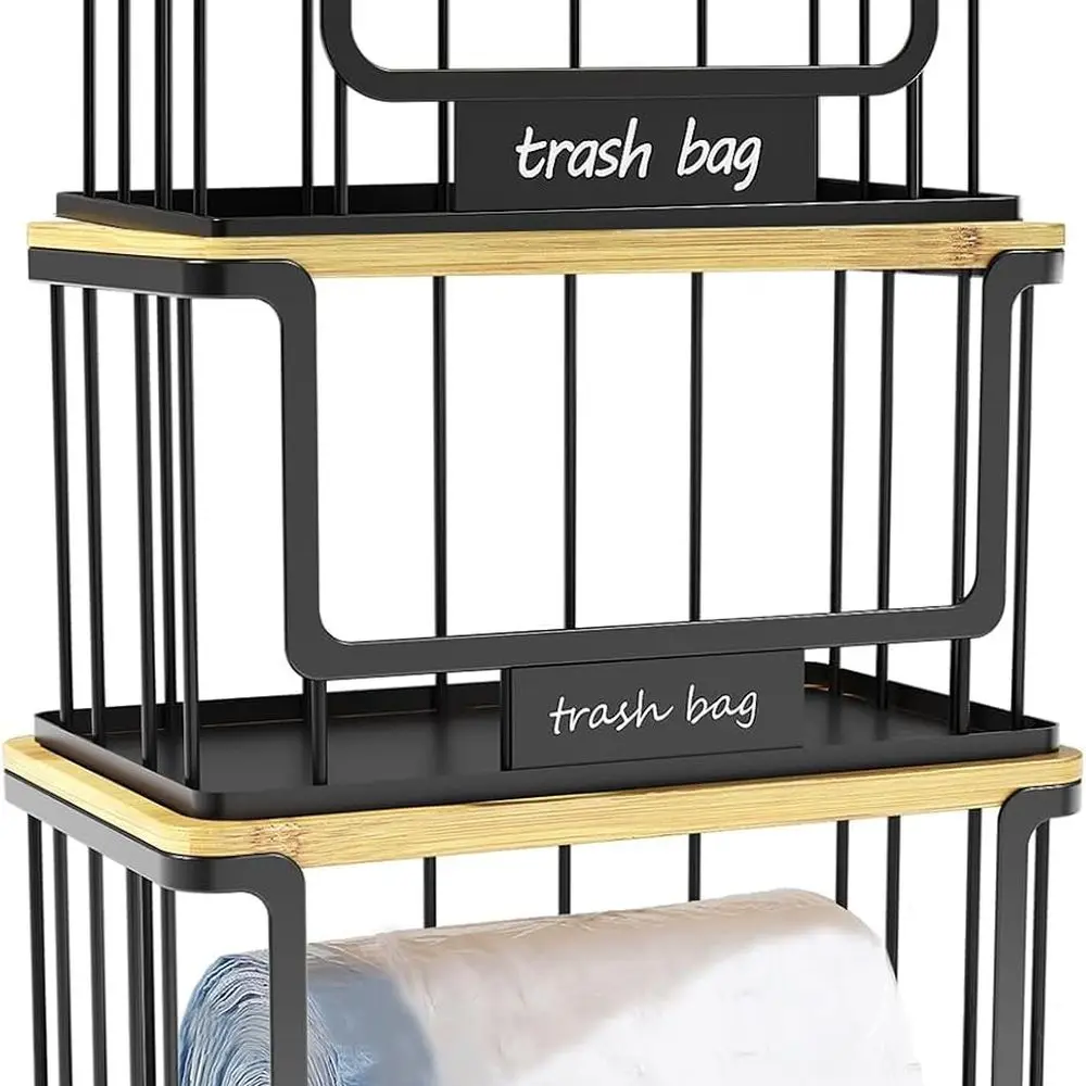 

Bamboo Top Metal Base Trash Bag Holder, Stackable Dispenser for Kitchen, Laundry, Pantry (Black, S+L+XL)