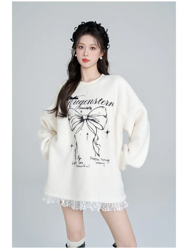 Highstreet Sweet Cool Y2K Tops Lace Splicing Bow Round Neck Long Sleeve Loose Casual Fleece Pullover Sweatshirts Women Winter