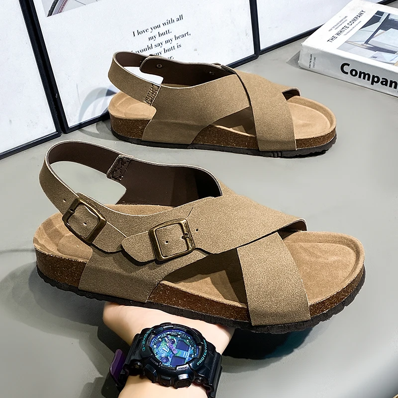 Cork Slippers Summer Beach Slides Suede Leather Womens Flat Sandals Men Fashionable Outdoor Male Mules Non Slip Babouche Femm